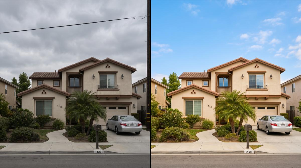 split-frame diptych photograph comparing the same suburban California home exterior