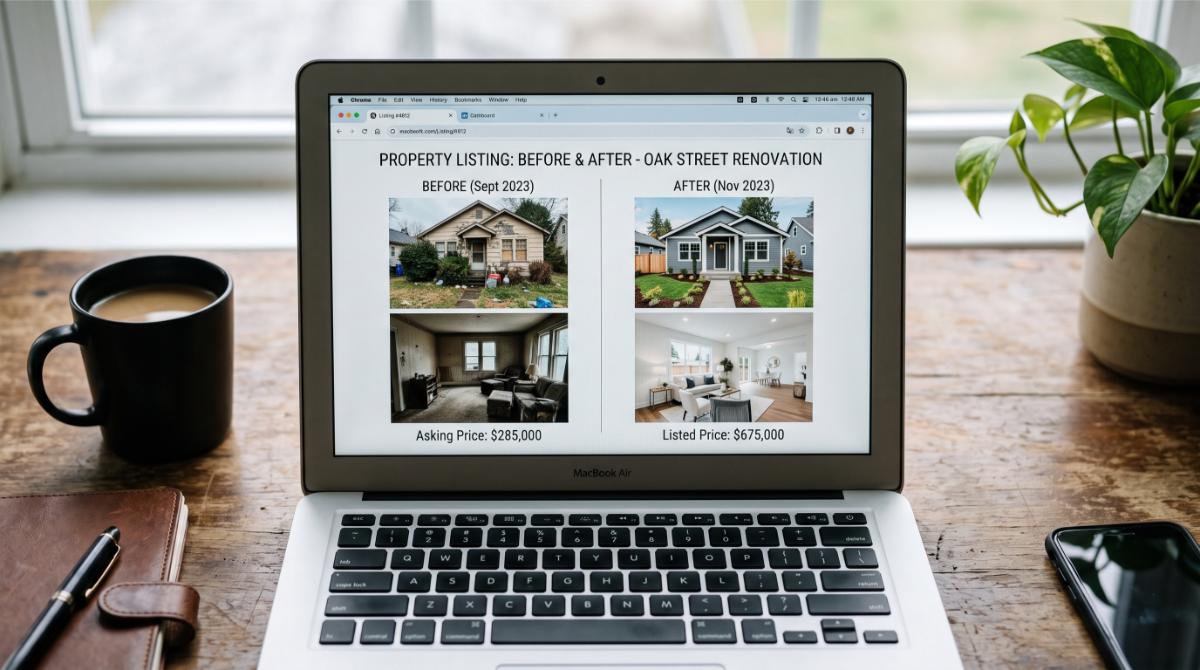 flat-lay photograph of a laptop screen showing before and after real estate listing photos side by side