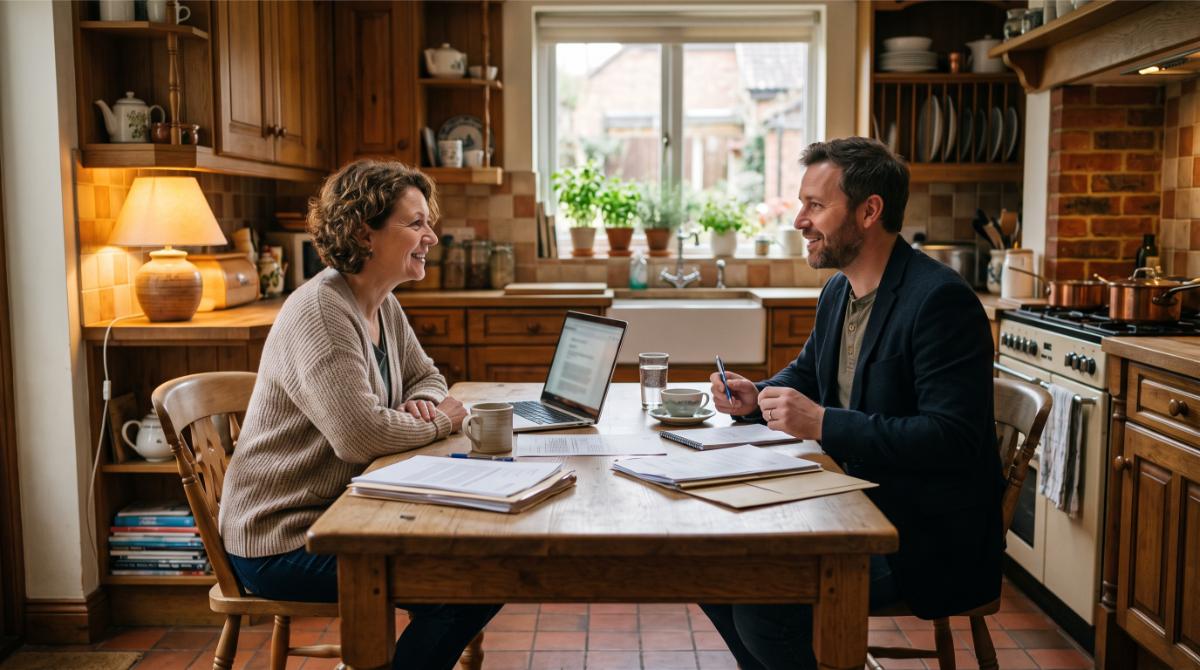 real estate agent sitting across a kitchen table from a homeowner, papers and a laptop between them but out of focus