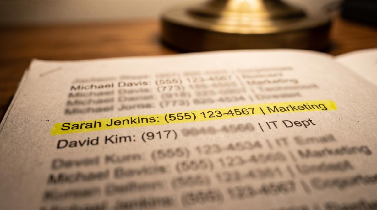 photograph of a printed contact list with a highlighter mark next to one entry
