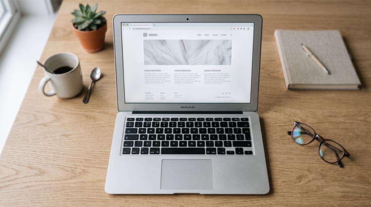 photograph of a laptop screen showing a simple, uncluttered webpage layout