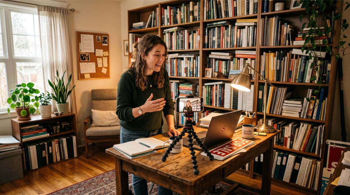 real estate agent recording a short video on a phone tripod in a home office