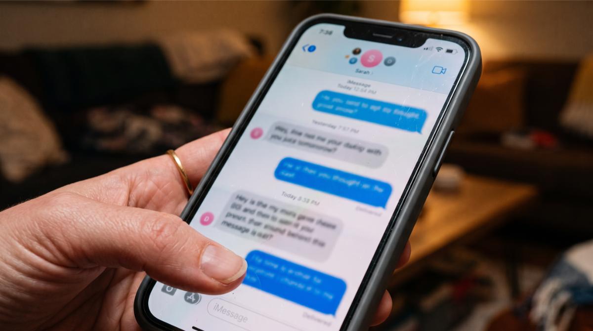 a phone screen showing a short text message conversation thread, held at an angle with shallow depth of field