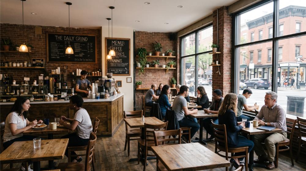 portrait photograph of a real estate agent and a loan officer at a small table inside a neighborhood coffee shop