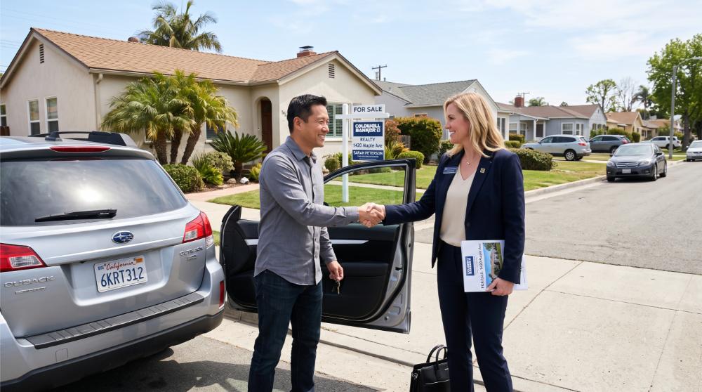 real estate agent greeting a buyer client at a car door outside a California home for sale