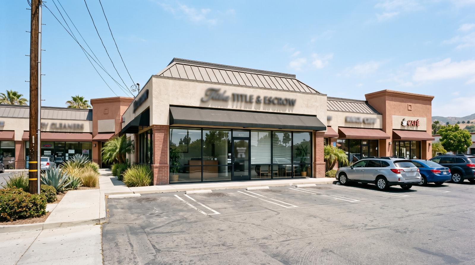 a California title and escrow office storefront in a small commercial strip, midday, deep focus, ordinary daylight,