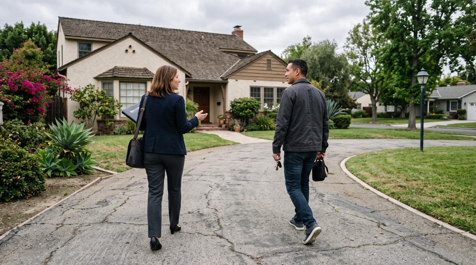 a real estate agent and buyer client walking up a driveway toward a California home for a showing
