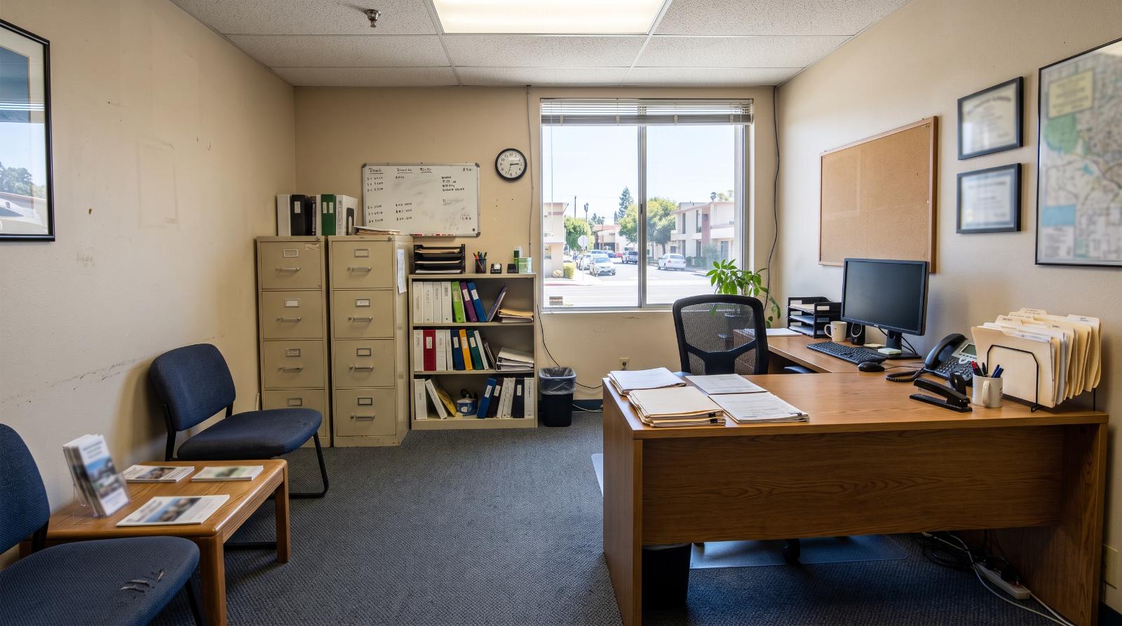 a small California real estate brokerage office, empty desk and filing area visible, ordinary daytime interior lighting