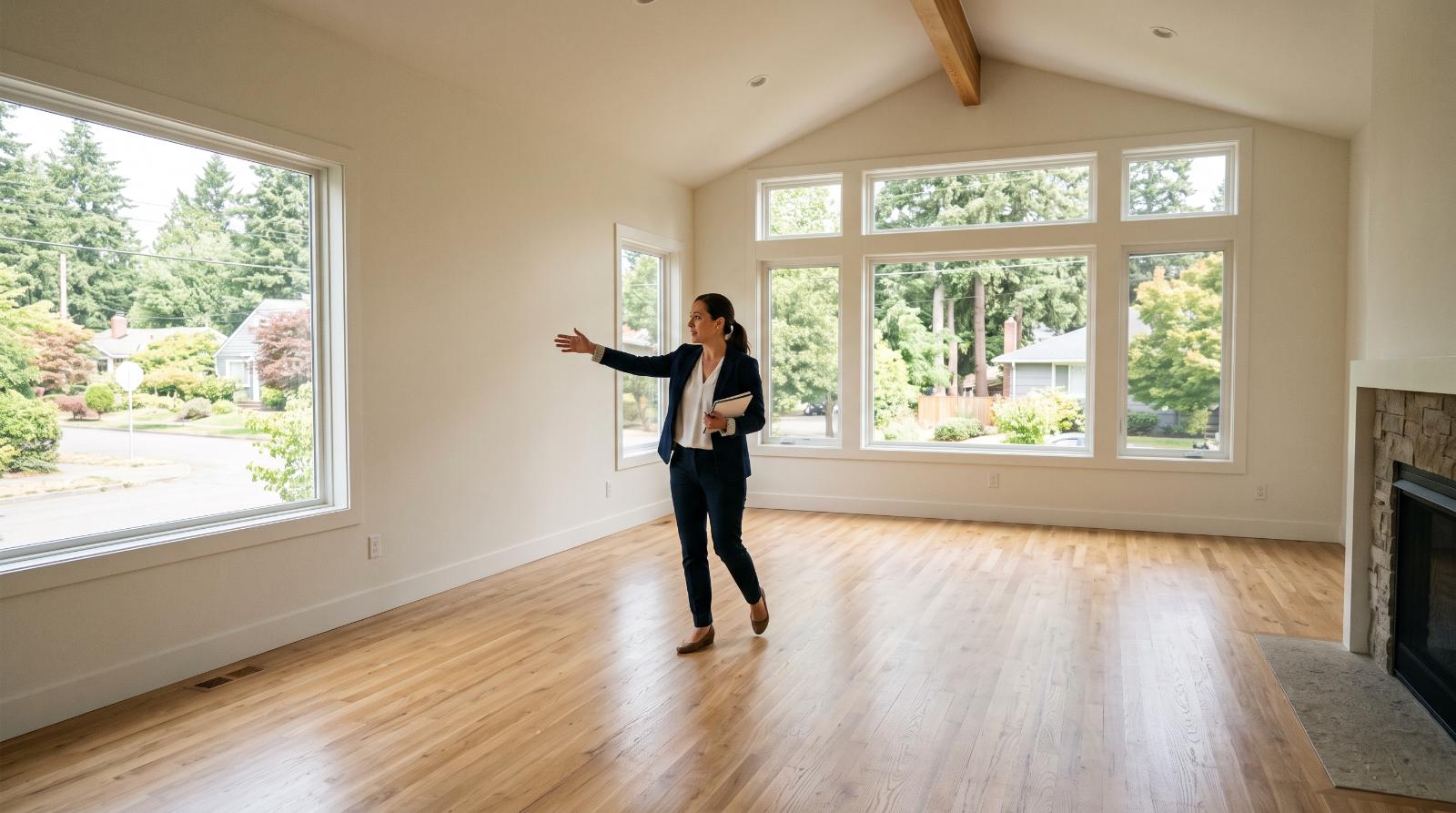 portrait of a real estate agent standing in an empty living room mid walkthrough, gesturing toward an unseen point off frame