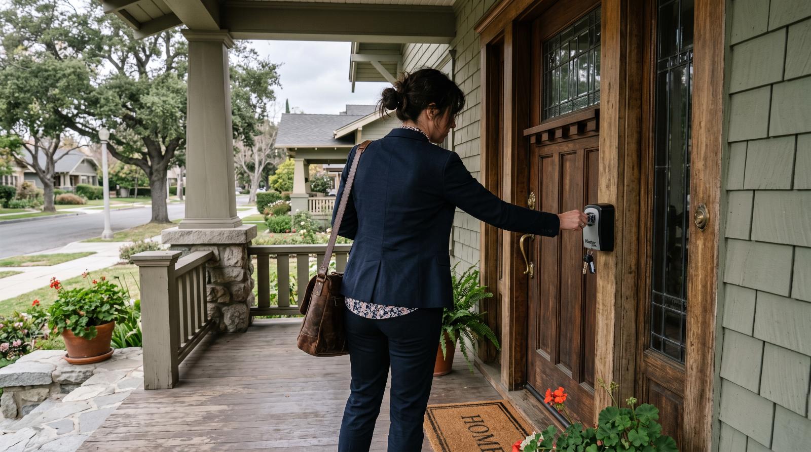 a real estate agent unlocking a lockbox on a California craftsman front door, back to camera