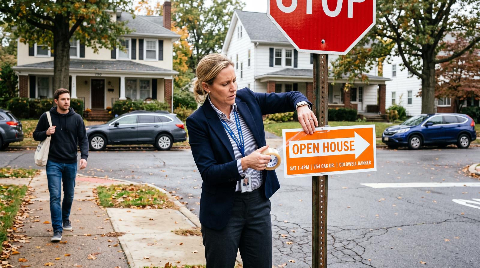 a real estate agent taping an open house directional sign to a stop sign post