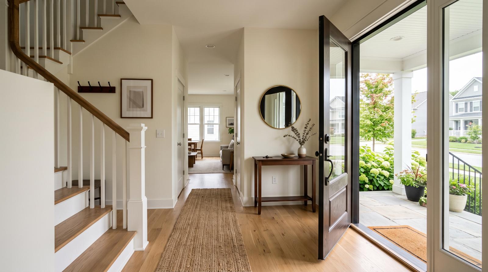 an empty home entryway staged for a showing, front door open letting in daylight