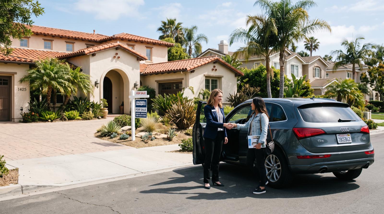 a real estate agent greeting a buyer client at a car door outside a sunlit California home for sale