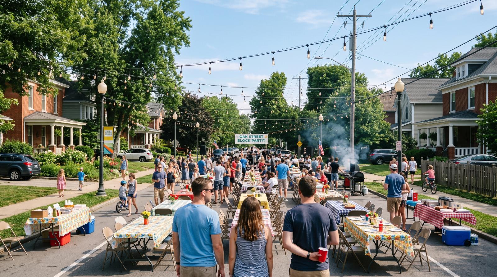 a neighborhood block party setup under bright sunny skies, folding tables and string lights arranged for an evening event