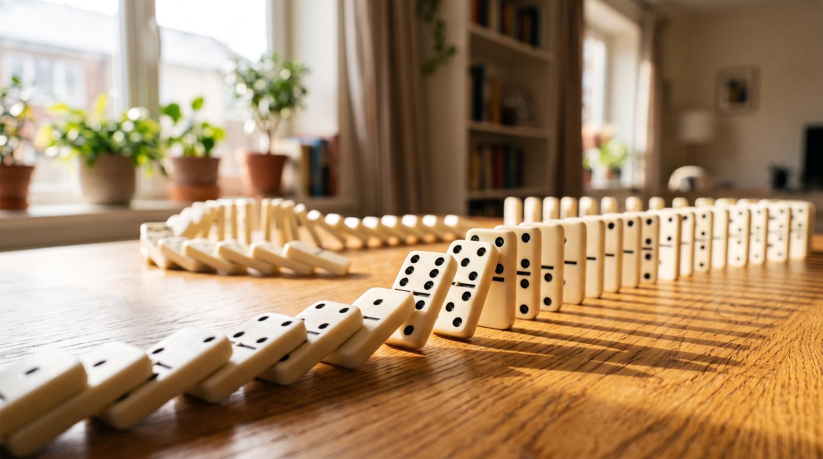 dominoes mid fall across a sunlit wooden table indoors, warm bright natural window light streaming across the surface