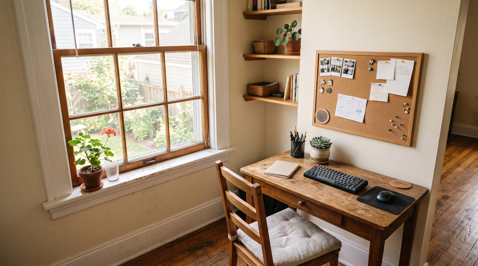 a bright sunlit home office nook with a small corkboard on the wall