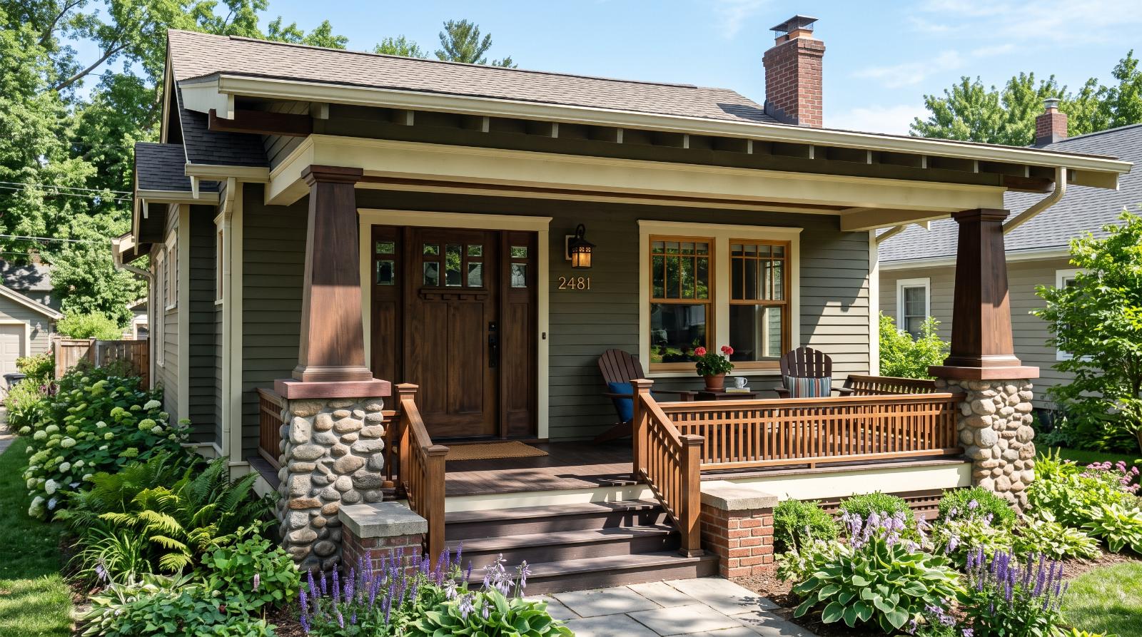 a craftsman bungalow front porch under bright midday sun