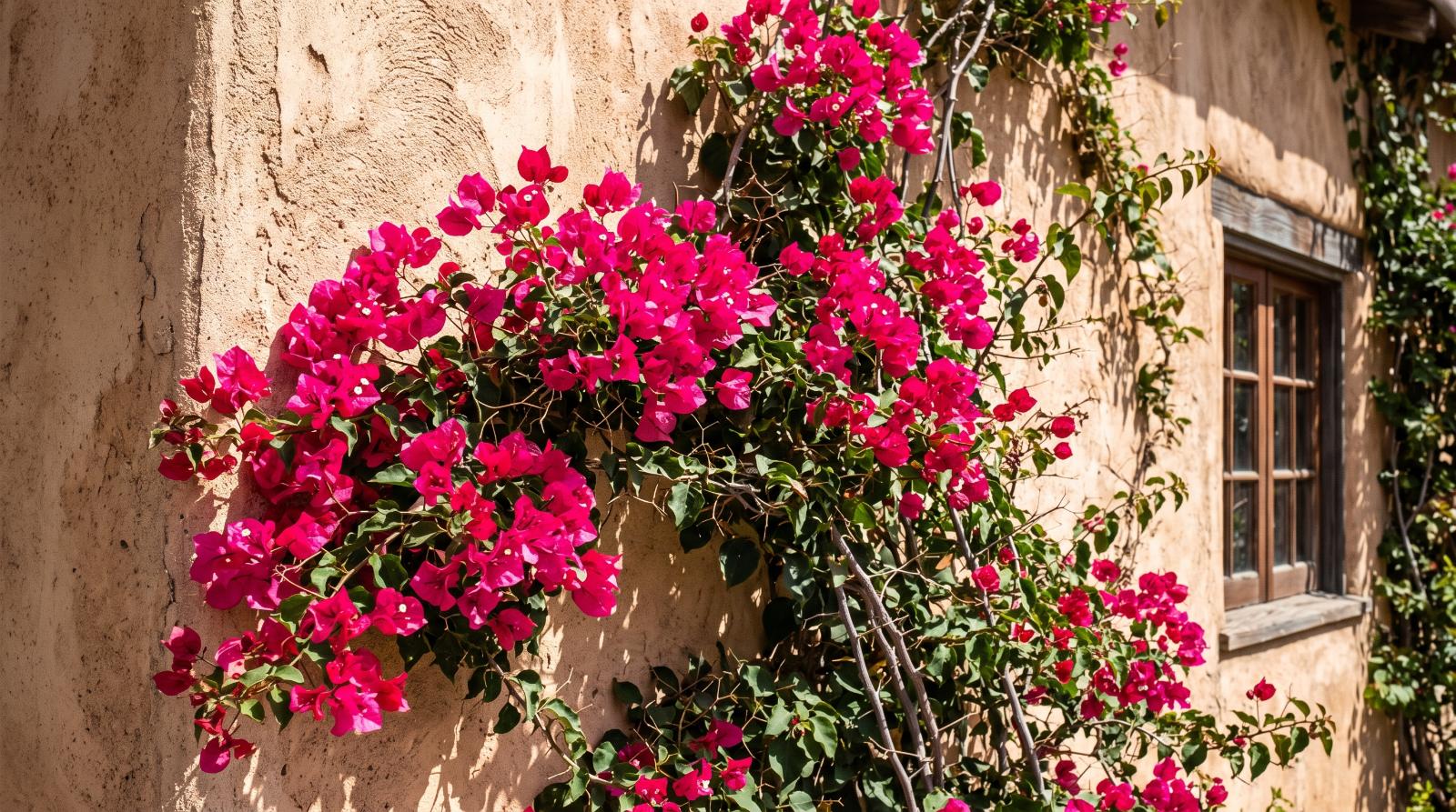a stucco wall detail with bougainvillea in bright direct sunlight