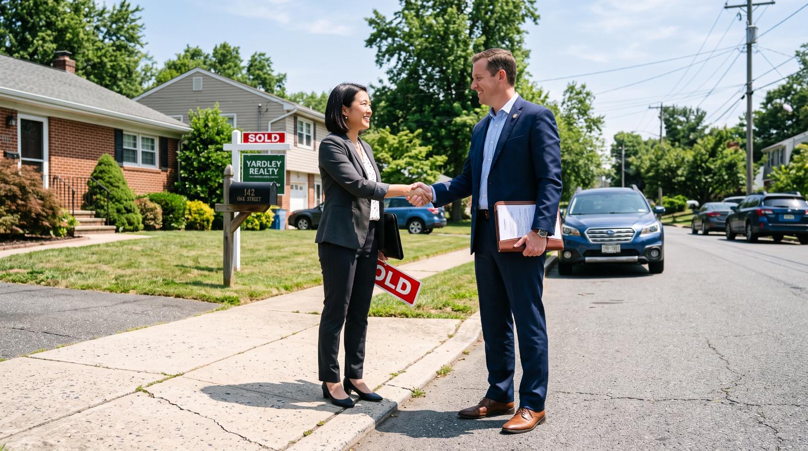 two real estate agents shaking hands at a curb after a closing