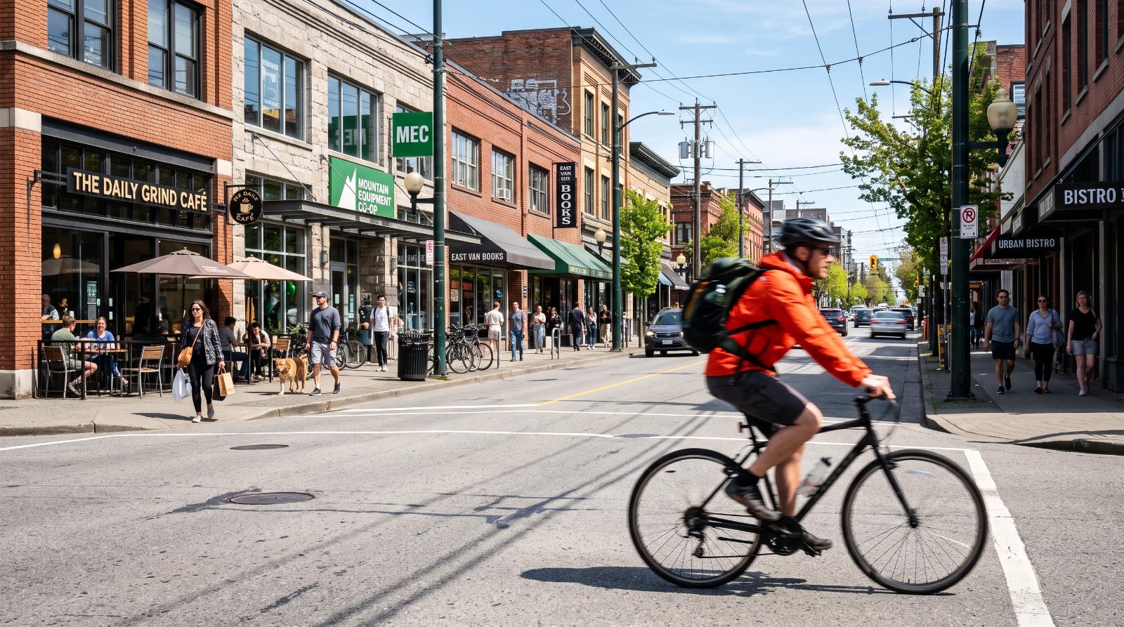 street photography of a downtown mixed-use street at street level, a cyclist passing through frame