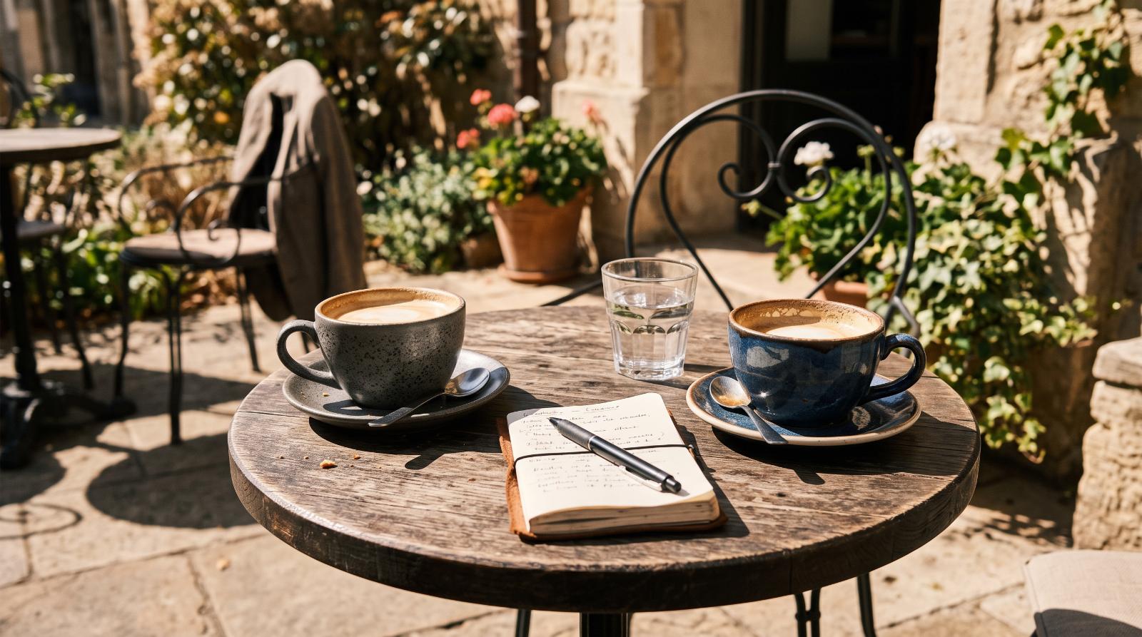 photograph of two coffee cups on a small outdoor cafe table in bright direct sunlight