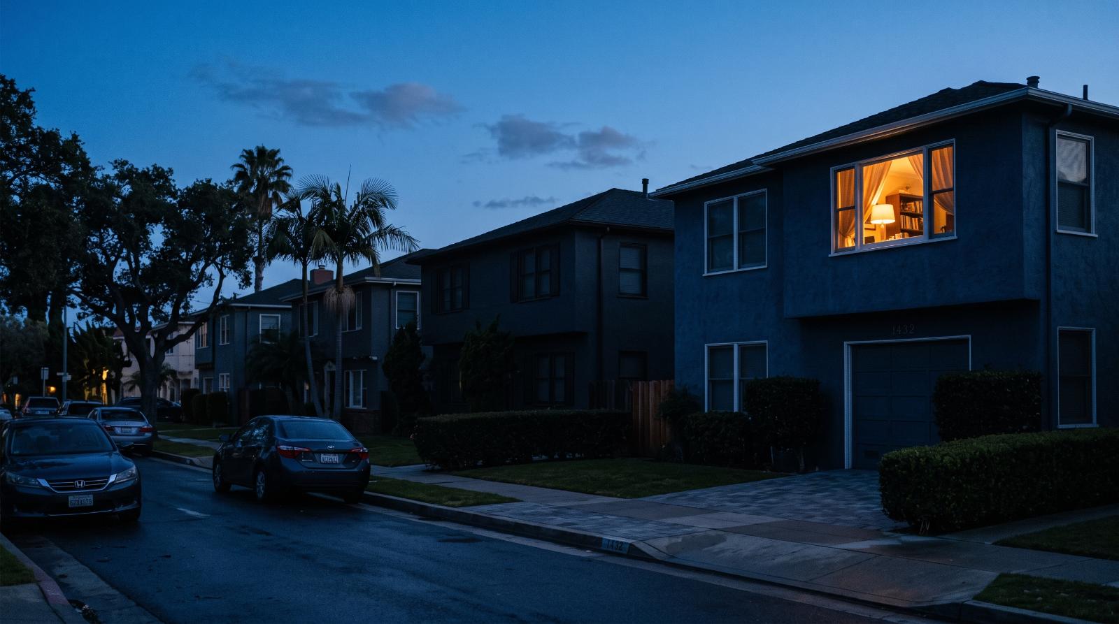 photograph shot at blue hour, a single lit window glowing in a row of otherwise dark house windows on a quiet California residential street