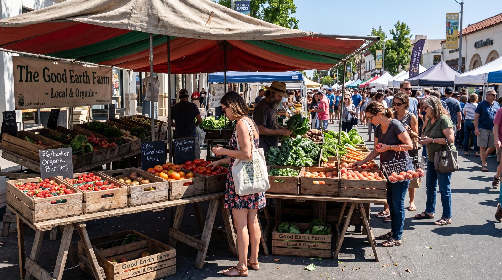 photograph of a farmers market stall in a California town, produce displayed in wooden crates, several shoppers browsing in the frame