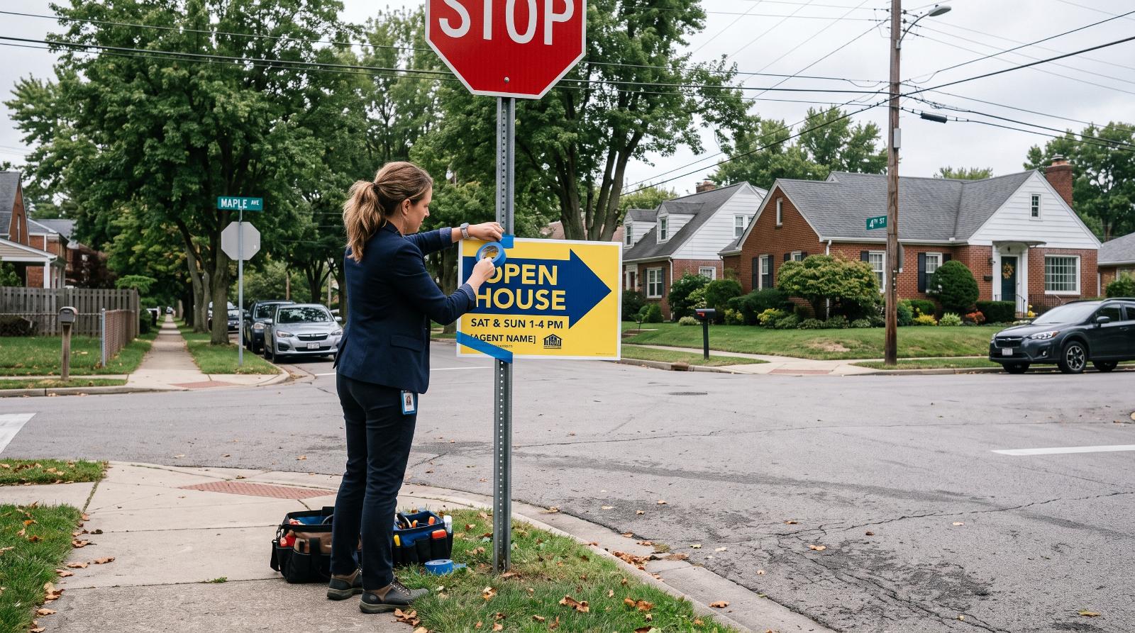 candid photograph of a real estate agent taping an open house directional sign to a stop sign post on a residential street corner,