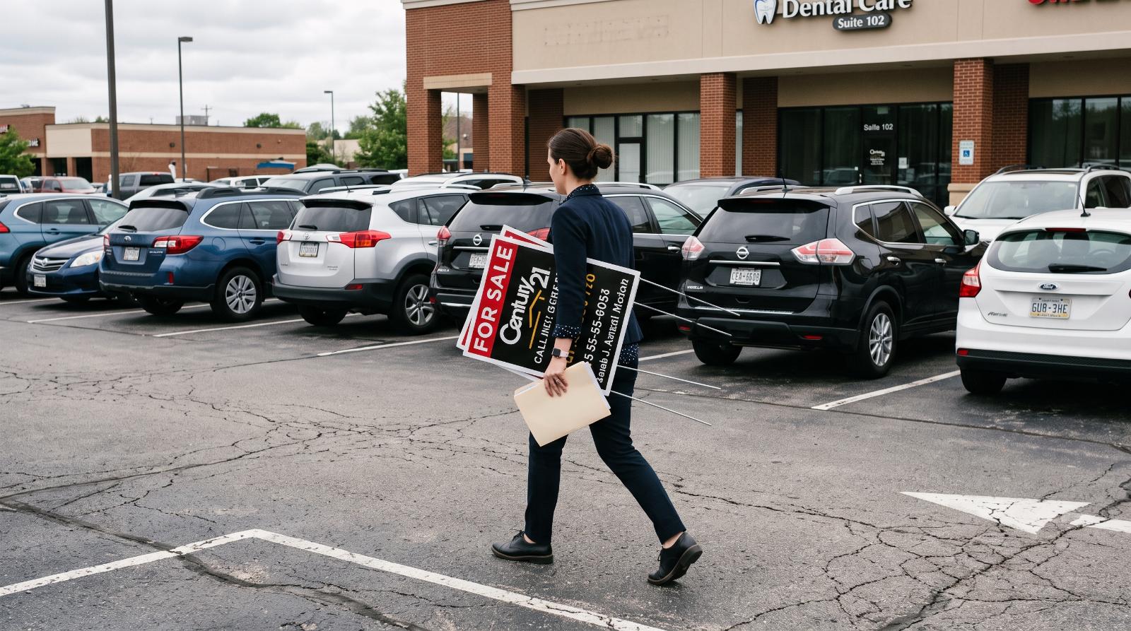real estate agent walking briskly across a parking lot toward a showing