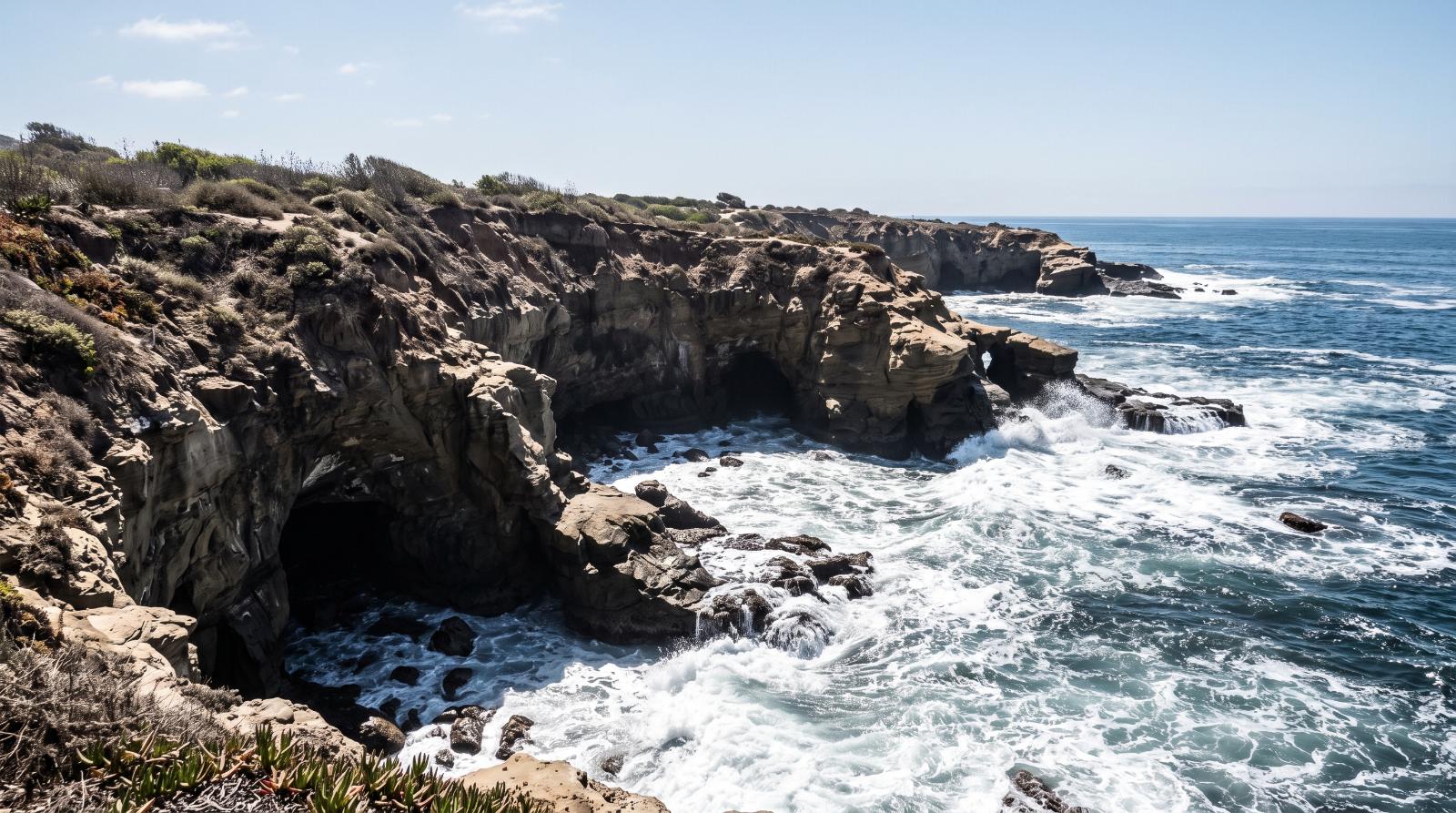 La Jolla Cove cliffs and sea caves, waves breaking below against the rocks