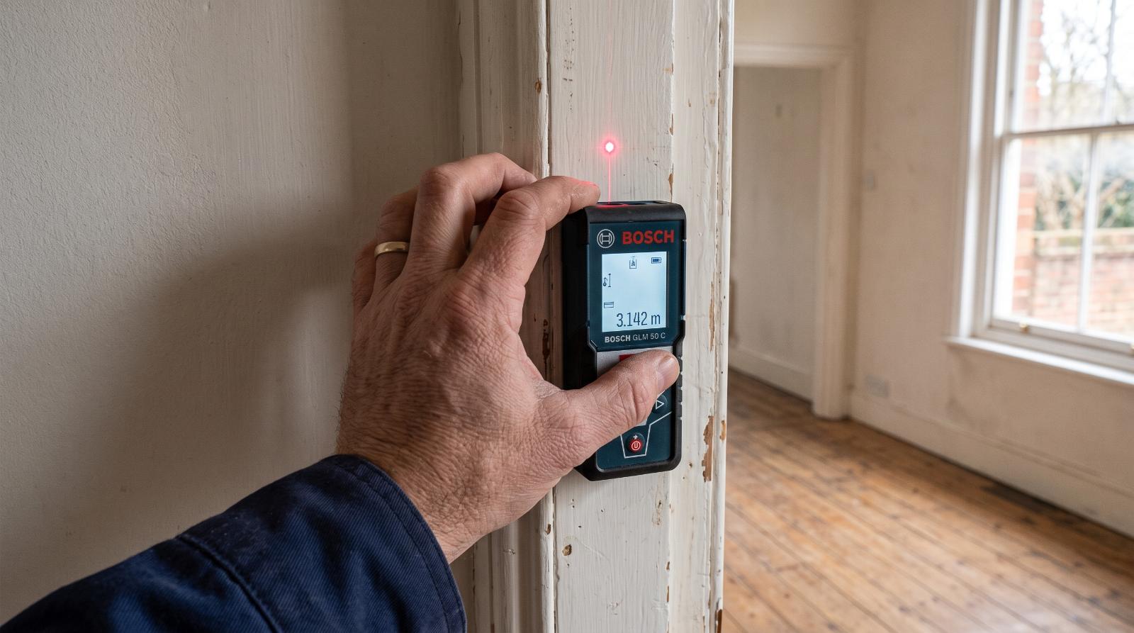 a hand adjusting a laser measuring tool against a doorframe inside an empty room