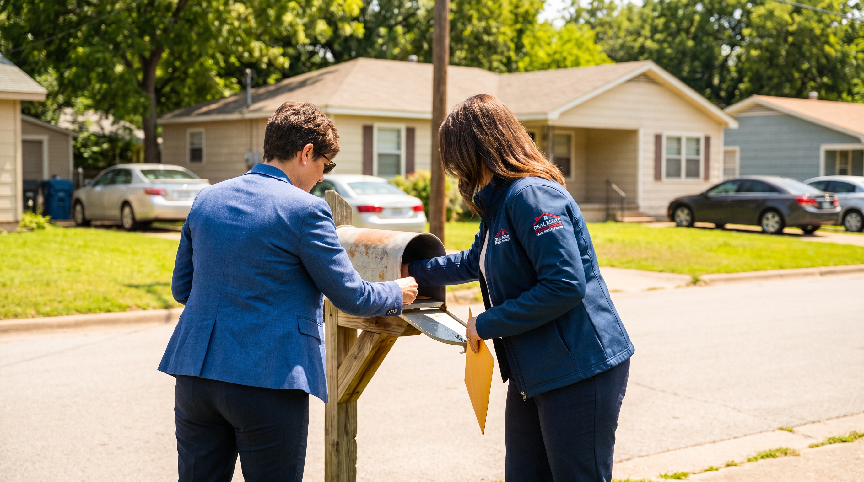 Real estate agent checking a mailbox on a residential street for a delivered document