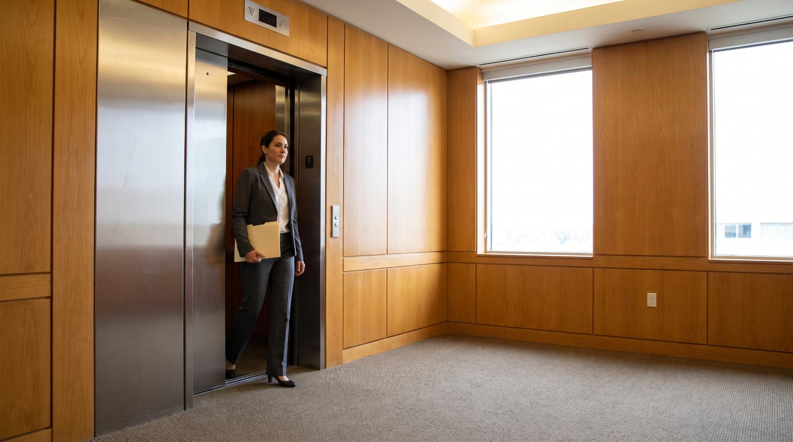 Real estate agent stepping out of an office elevator with a folder in hand