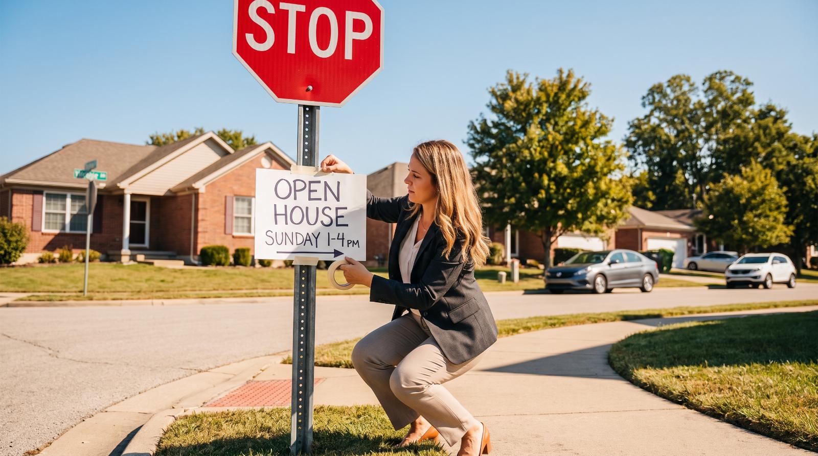 Real estate agent taping an open house directional sign to a stop sign post