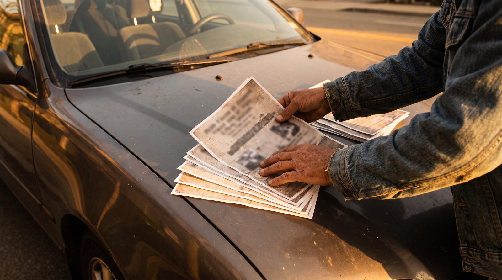 Real estate agent fanning printed flyers out on a car hood