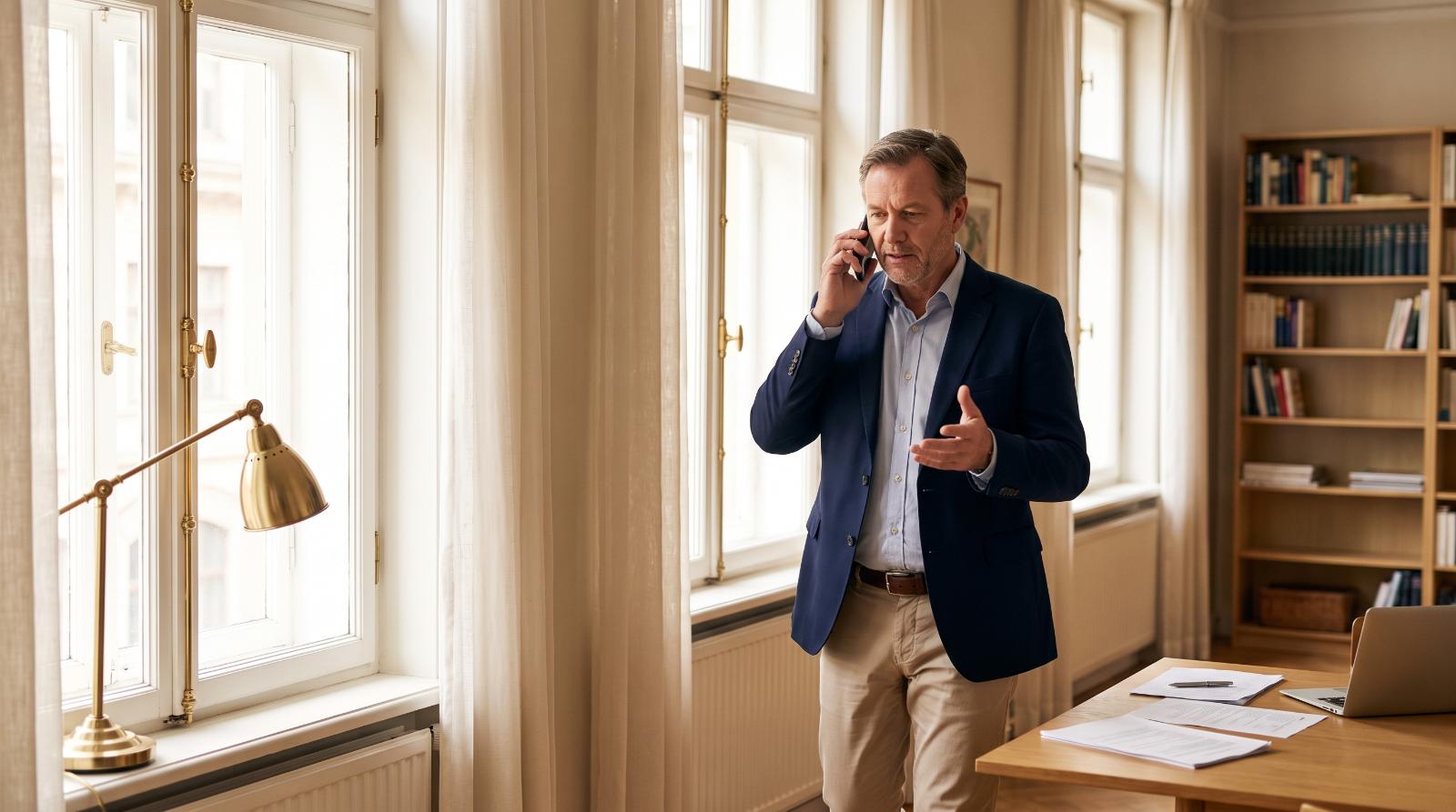 Real estate agent on the phone pacing near a window