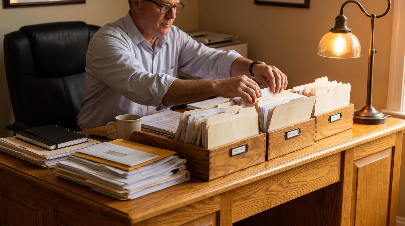 Real estate agent sorting mail and paperwork into folders at a desk