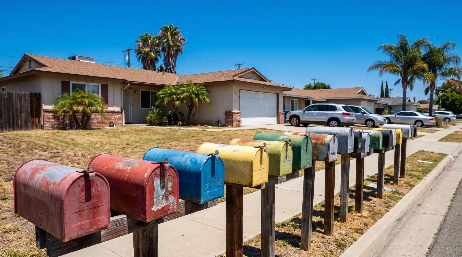 a row of colorful mailboxes on a suburban California street