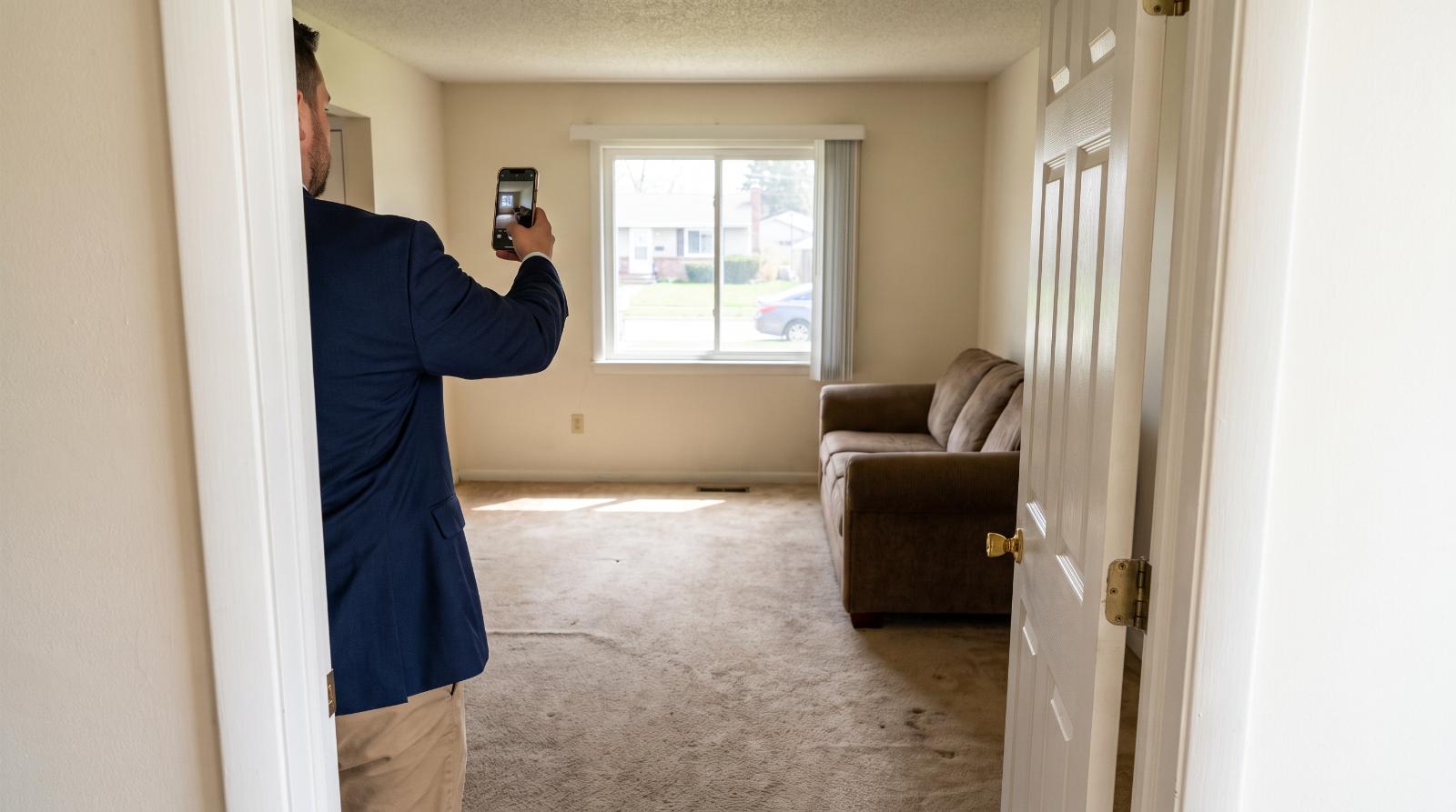 Real estate agent taking a phone photo of a room from a doorway angle