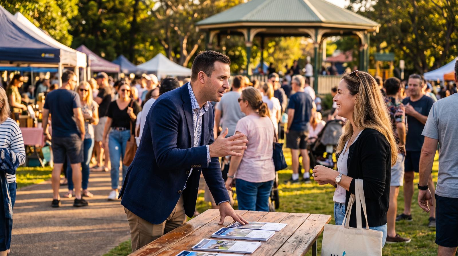 Real estate agent at a community event table talking with a resident