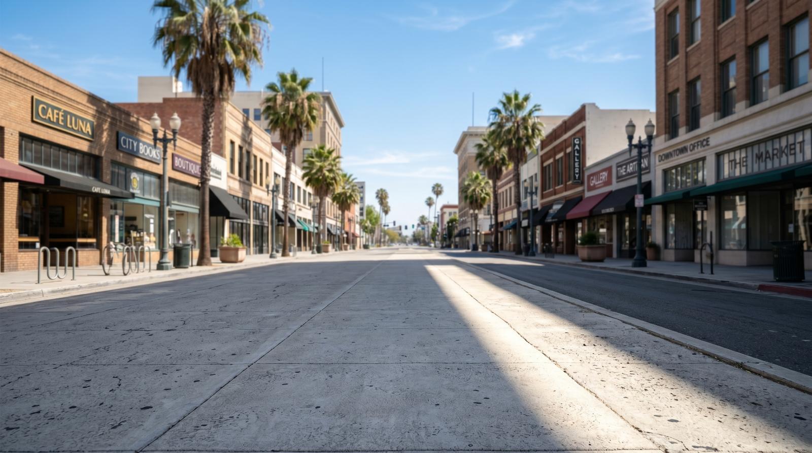 first person view of california street in small town