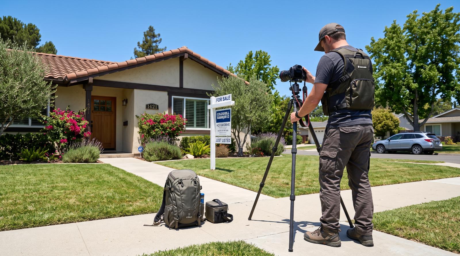 A photographer setting up a tripod outside a California listing in bright daylight