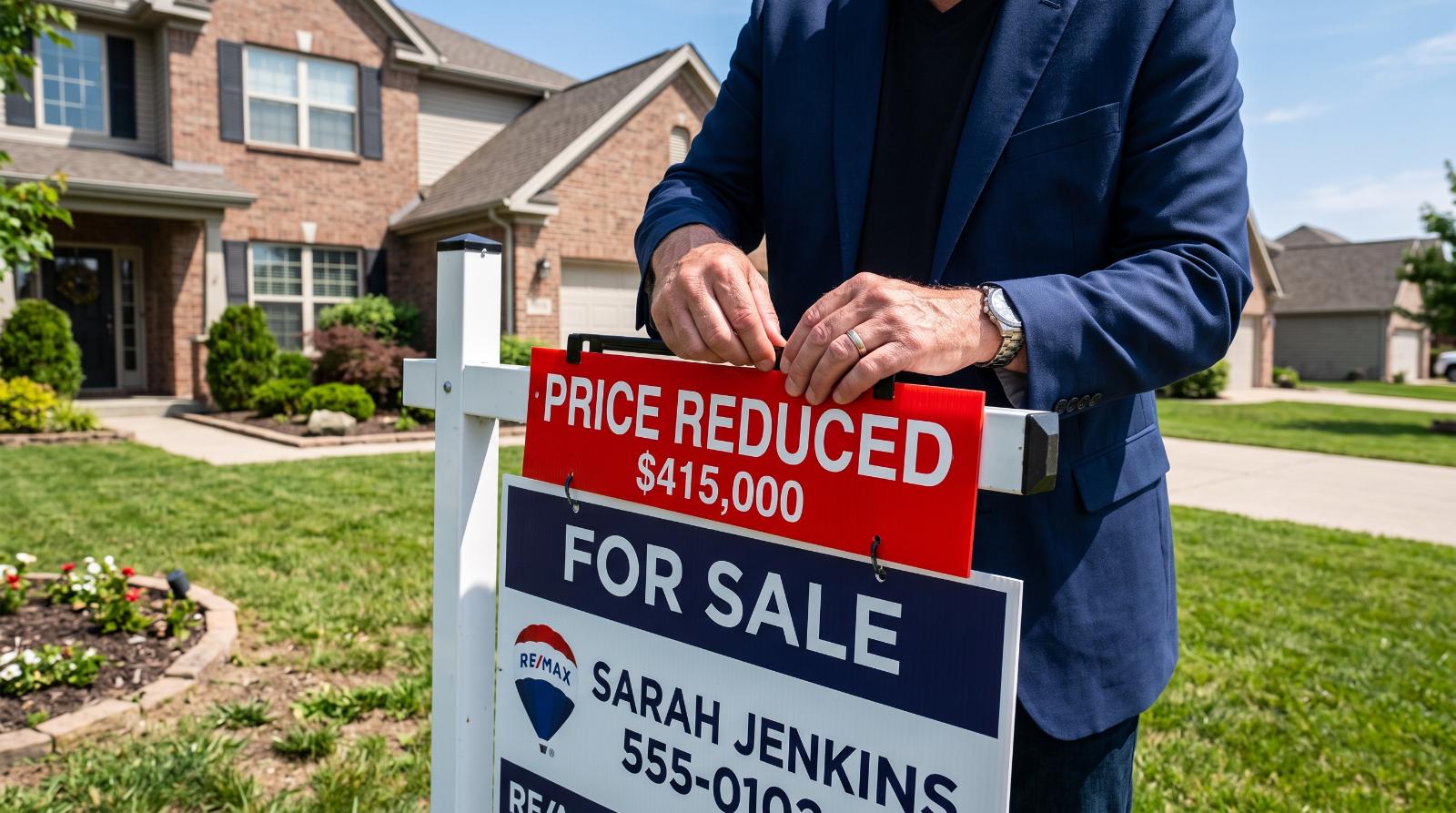 An agent adjusting a Price Reduced sign rider on a yard sign in bright afternoon light