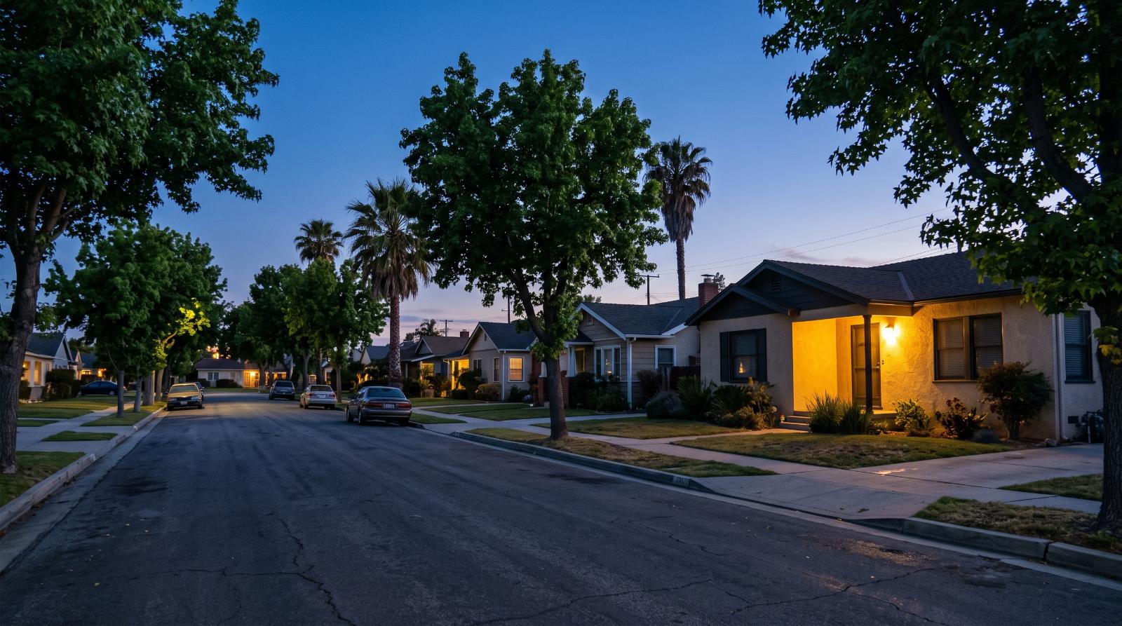 A porch light glowing at dusk against a darkening California sky