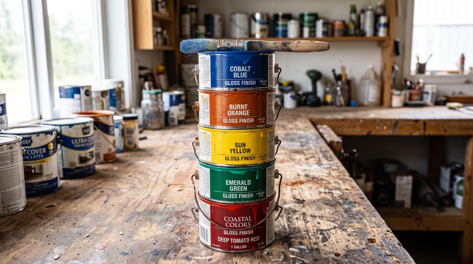 a stack of fresh paint cans with a brush resting across the top