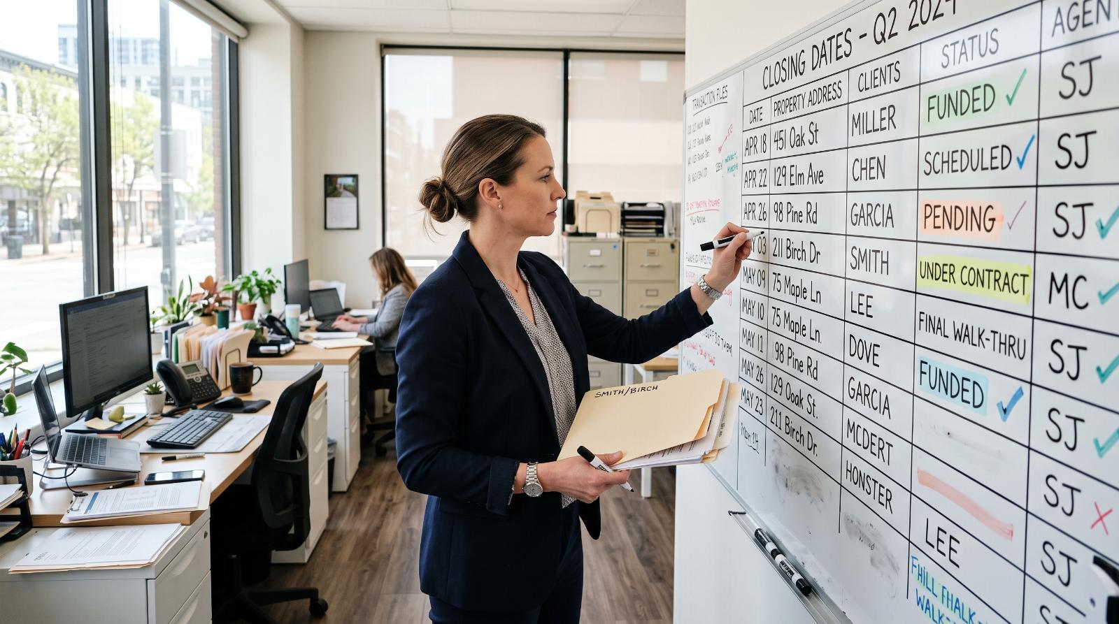 An agent checking a wall-mounted whiteboard listing closing dates for multiple files