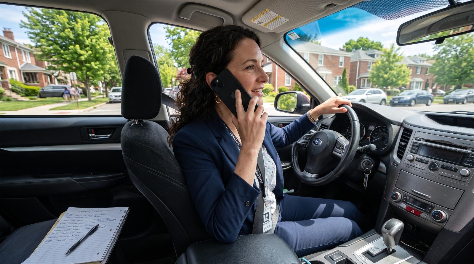 An agent on the phone in a parked car, a notepad visible on the passenger seat