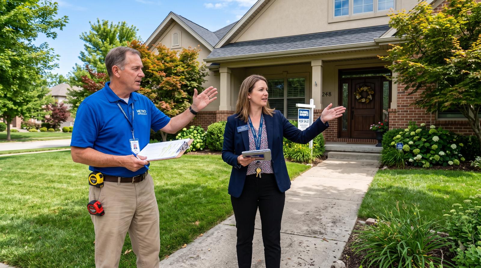 An agent and an appraiser standing at a front walkway, gesturing toward a house