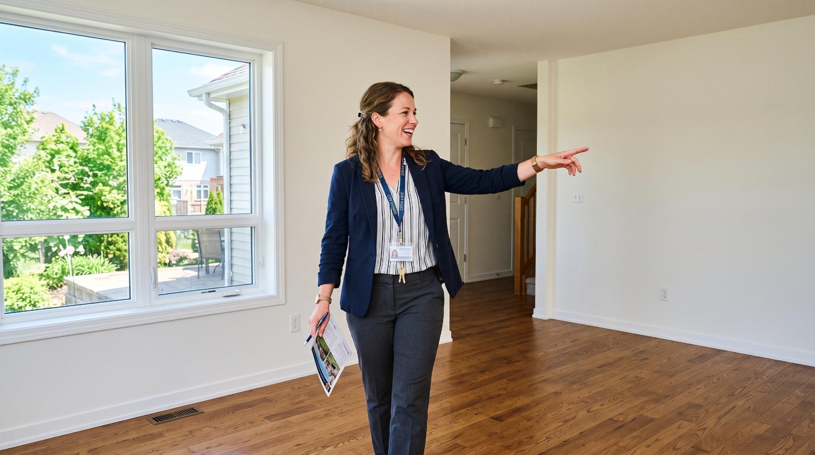A real estate agent standing in an empty room mid walkthrough, gesturing to an unseen point off frame