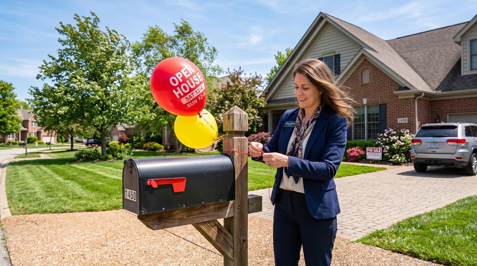 A real estate agent adjusting an open house balloon or flag outside on a windy day